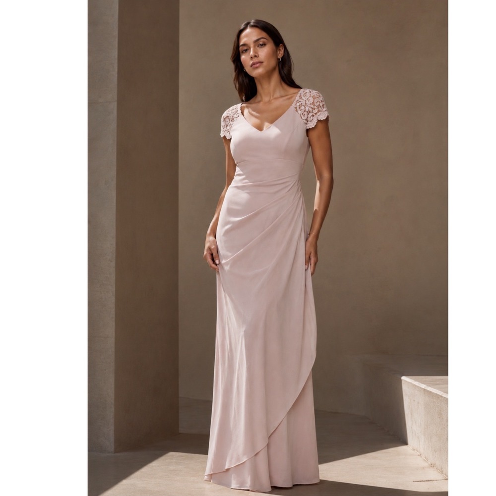 NEW‎ XSCAPE Rose Lace Cap Sleeve Ruched CHIFFON Evening Gown MAXI Dress WOMEN 6